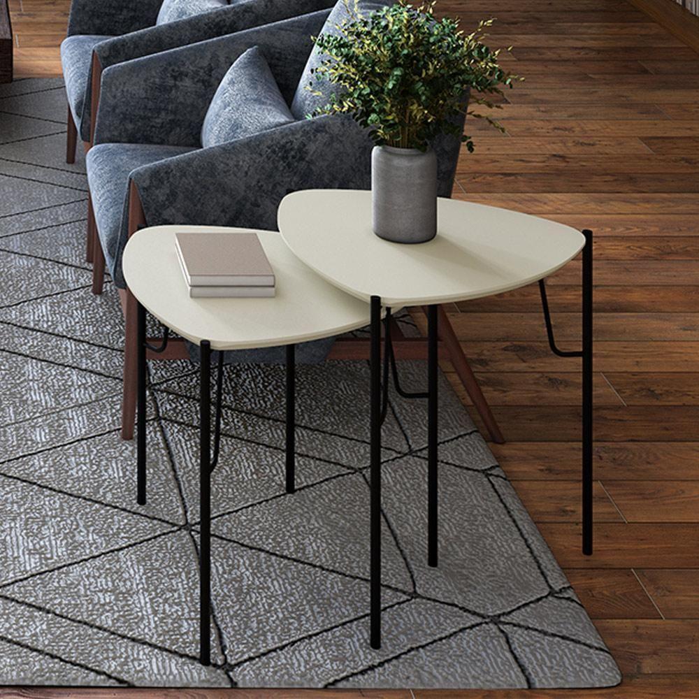 Kit 02 Mesas Laterais Para Sala De Estar Pés Industrial Preto Alef I03 Luna - Lyam Decor - 2