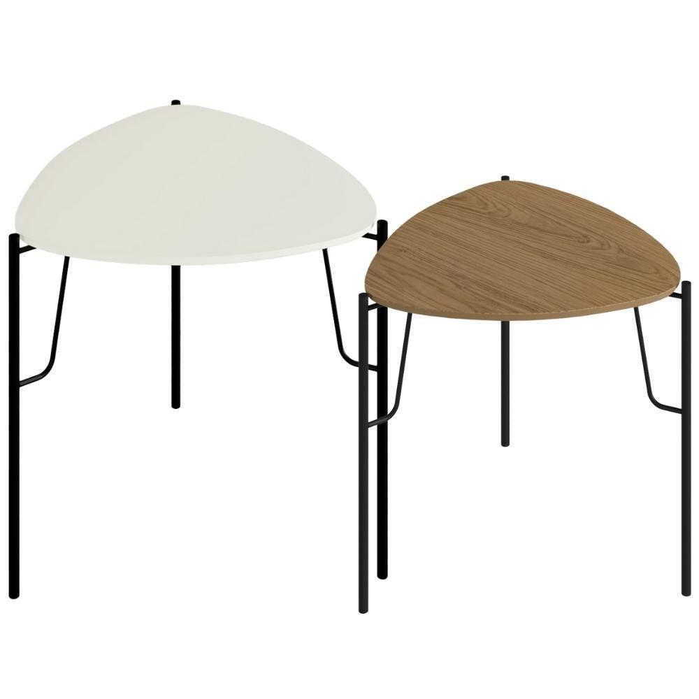 Kit 02 Mesas Laterais Para Sala De Estar Pés Industrial Preto Alef I03 Louro Luna - Lyam Decor - 1