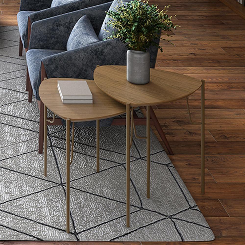 Kit 02 Mesas Laterais Para Sala De Estar Pés Industrial Dourado Alef I03 Louro - Lyam Decor - 2