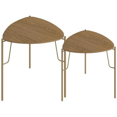 Kit 02 Mesas Laterais Para Sala De Estar Pés Industrial Dourado Alef I03 Louro - Lyam Decor