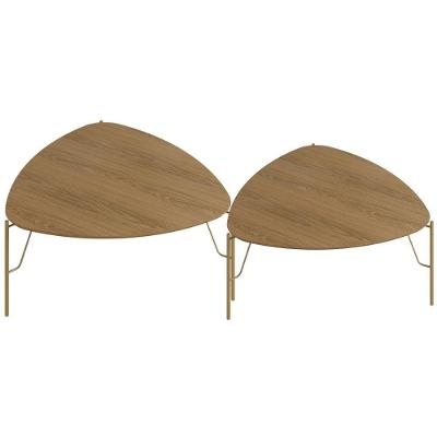 Kit 02 Mesas De Centro Para Sala De Estar Pés Industrial Dourado Alef I03 Louro - Lyam Decor