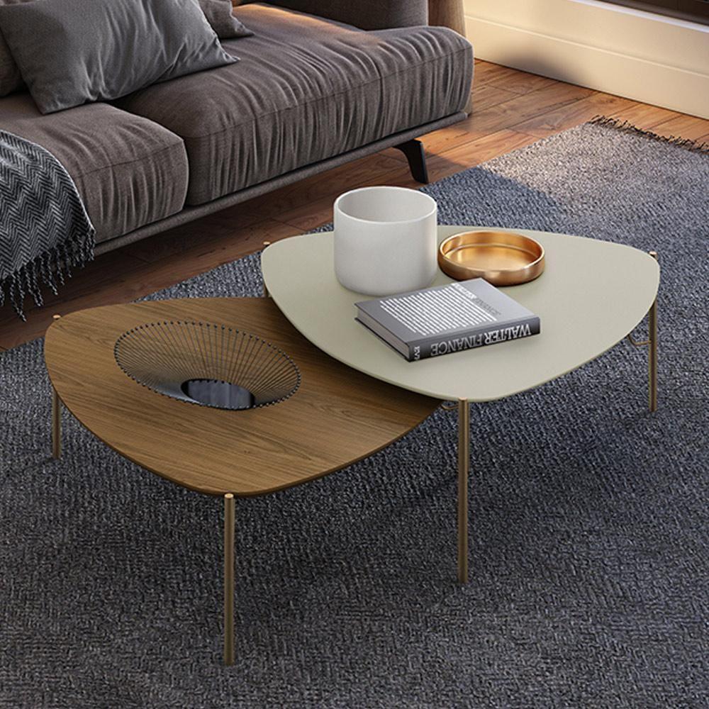 Kit 02 Mesas De Centro Para Sala De Estar Pés Industrial Dourado Alef I03 Louro Luna - Lyam Decor - 2