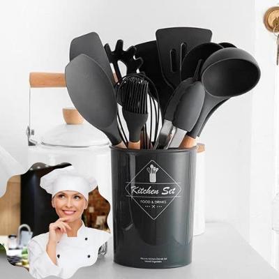 Conjunto Kit 12 Peças Utensílios De Cozinha Em Silicone E Cabo De Madeira Premium - Preto