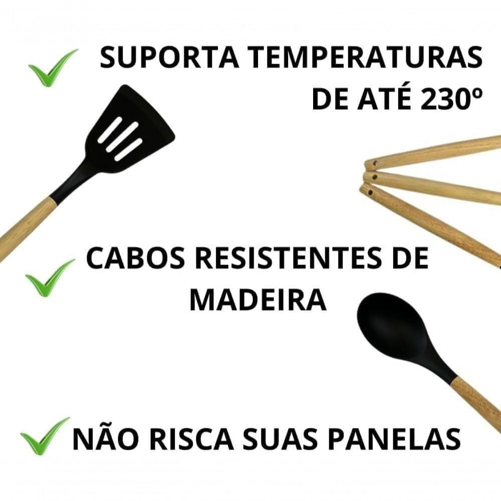 Conjunto Kit 12 Peças Utensílios De Cozinha Silicone E Cabo De Madeira Antiaderentes Premium - Preto - 4
