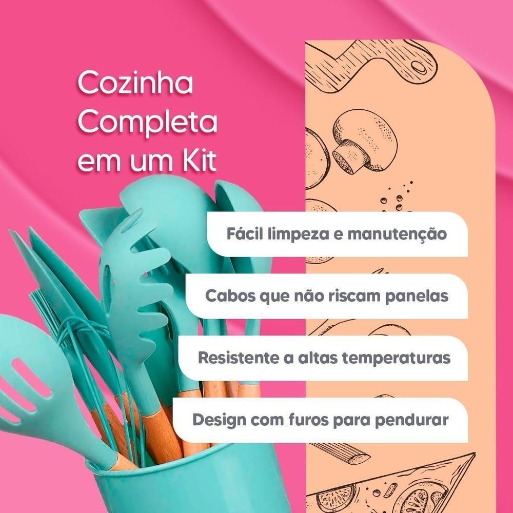 Conjunto Kit 12 Peças Utensílios De Cozinha Em Silicone E Cabo De Madeira Antiaderentes - Preto - 2