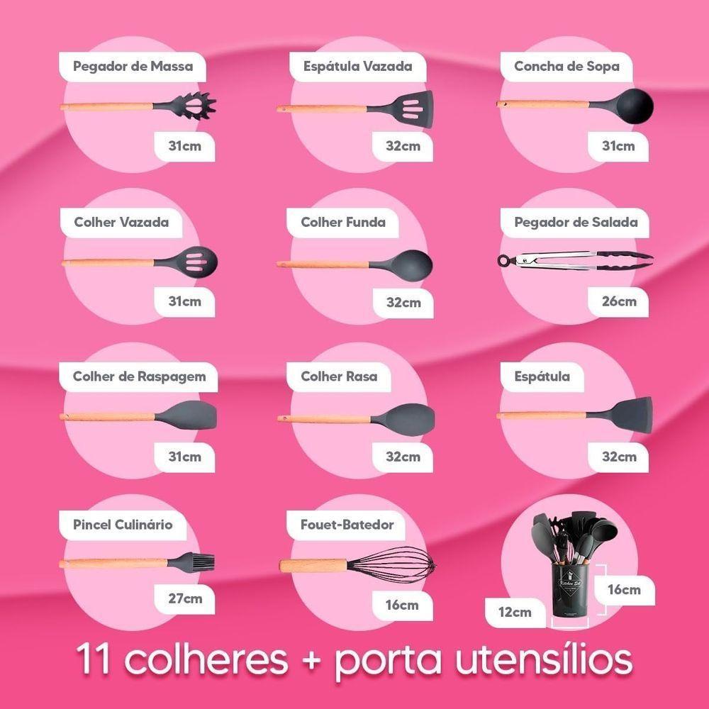 Conjunto Kit 12 Peças Utensílios De Cozinha Em Silicone E Cabo De Madeira Antiaderentes - Preto - 3