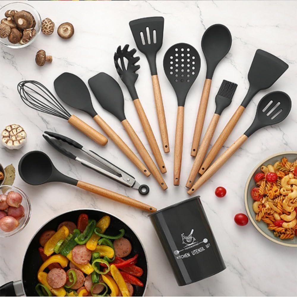 Conjunto Kit 12 Peças Utensílios De Cozinha Em Silicone E Cabo De Madeira Antiaderentes - Preto - 5