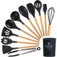 Conjunto Kit 12 Peças Utensílios De Cozinha Em Silicone E Cabo De Madeira Antiaderentes - Preto - 1