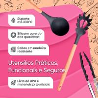 Conjunto Kit 12 Peças Utensílios De Cozinha Em Silicone E Cabo De Madeira Antiaderentes - Preto