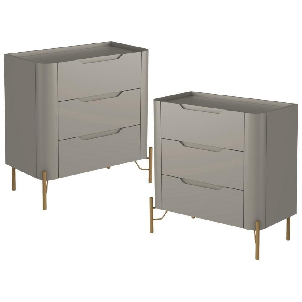 Kit 02 Mesas De Cabeceira Orgânica 3 Gavetas Pés Industrial Dourado Bliss I03 Grigio - Lyam Decor - 1
