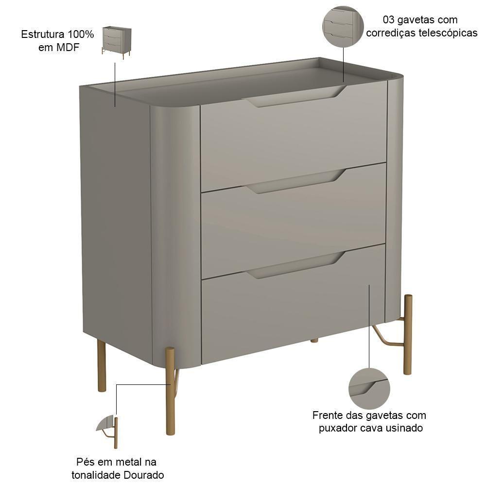 Kit 02 Mesas De Cabeceira Orgânica 3 Gavetas Pés Industrial Dourado Bliss I03 Grigio - Lyam Decor - 2