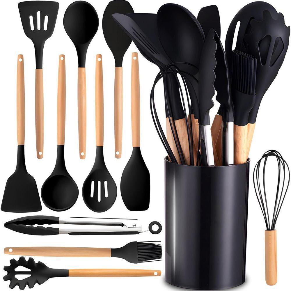 Conjunto De Utensílios De Cozinha, 12 Peças, Silicone, Revestimento Antiaderente - Preto - 1