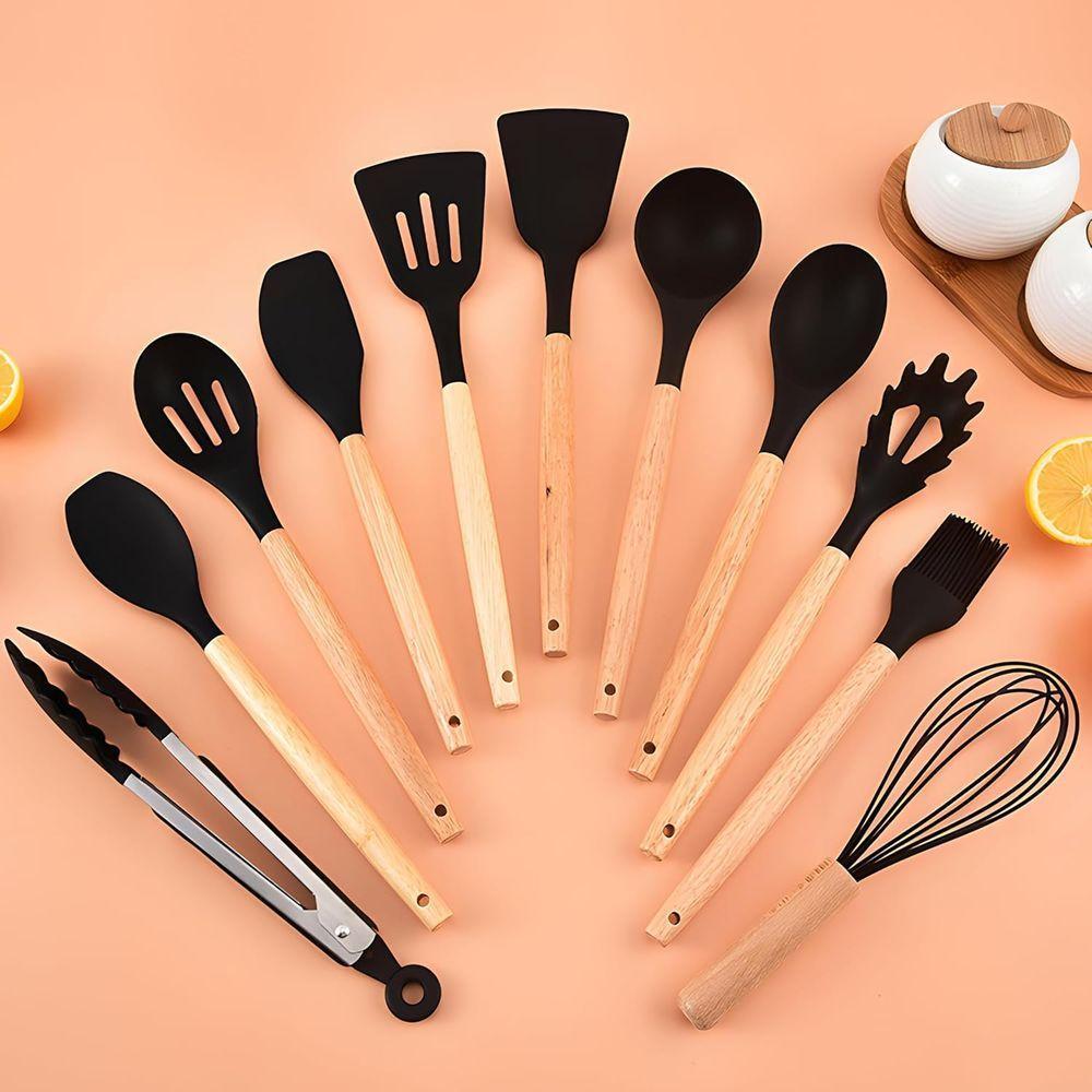 Conjunto De Utensílios De Cozinha, 12 Peças, Silicone, Revestimento Antiaderente - Preto - 5