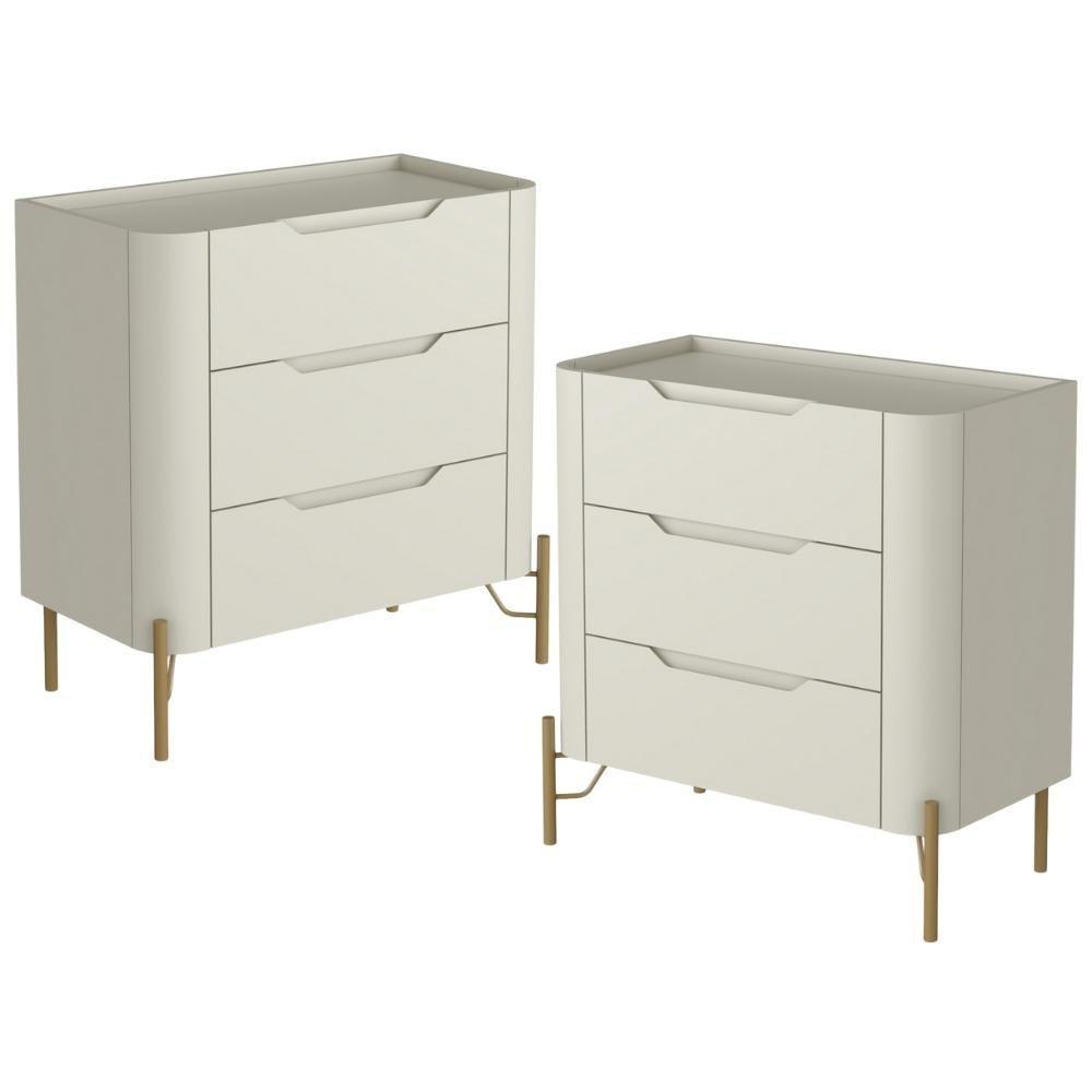 Kit 02 Mesas De Cabeceira Orgânica 3 Gavetas Pés Industrial Dourado Bliss I03 Luna - Lyam Decor - 1