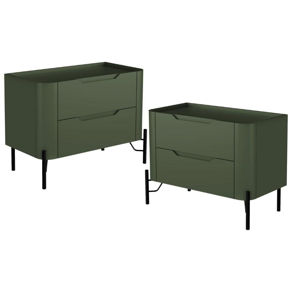 Kit 02 Mesas De Cabeceira Orgânica 2 Gavetas Pés Industrial Preto Bliss I03 Musgo - Lyam Decor - 1