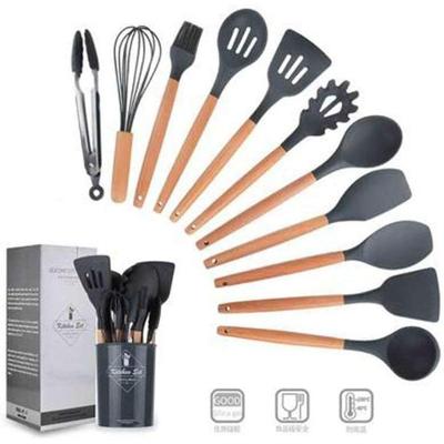 Conjunto De Utensilios De Cozinha Em Silicone Com Cabo Em Madeira 12 Peças Renascence - Preto
