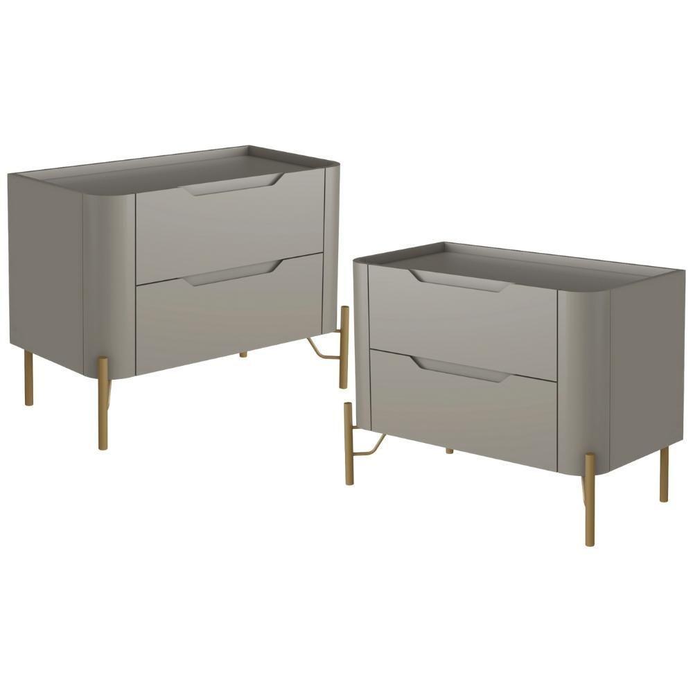 Kit 02 Mesas De Cabeceira Orgânica 2 Gavetas Pés Industrial Dourado Bliss I03 Grigio - Lyam Decor - 1