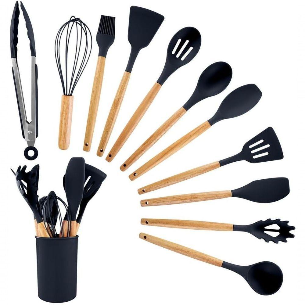 Conjunto 12 Peças Utensílios De Cozinha Em Silicone E Cabo De Madeira Antiaderentes Premium - Preto - 1