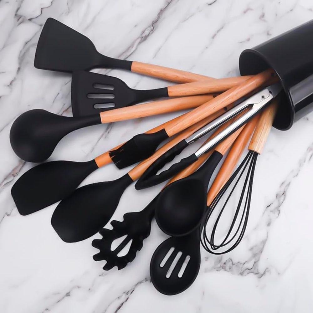 Conjunto 12 Peças Utensílios De Cozinha Em Silicone E Cabo De Madeira Antiaderentes Premium - Preto - 2