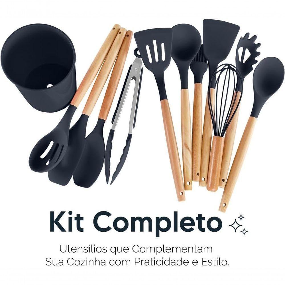 Conjunto 12 Peças Utensílios De Cozinha Em Silicone E Cabo De Madeira Antiaderentes Premium - Preto - 3