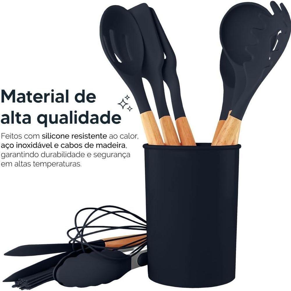 Conjunto 12 Peças Utensílios De Cozinha Em Silicone E Cabo De Madeira Antiaderentes Premium - Preto - 4