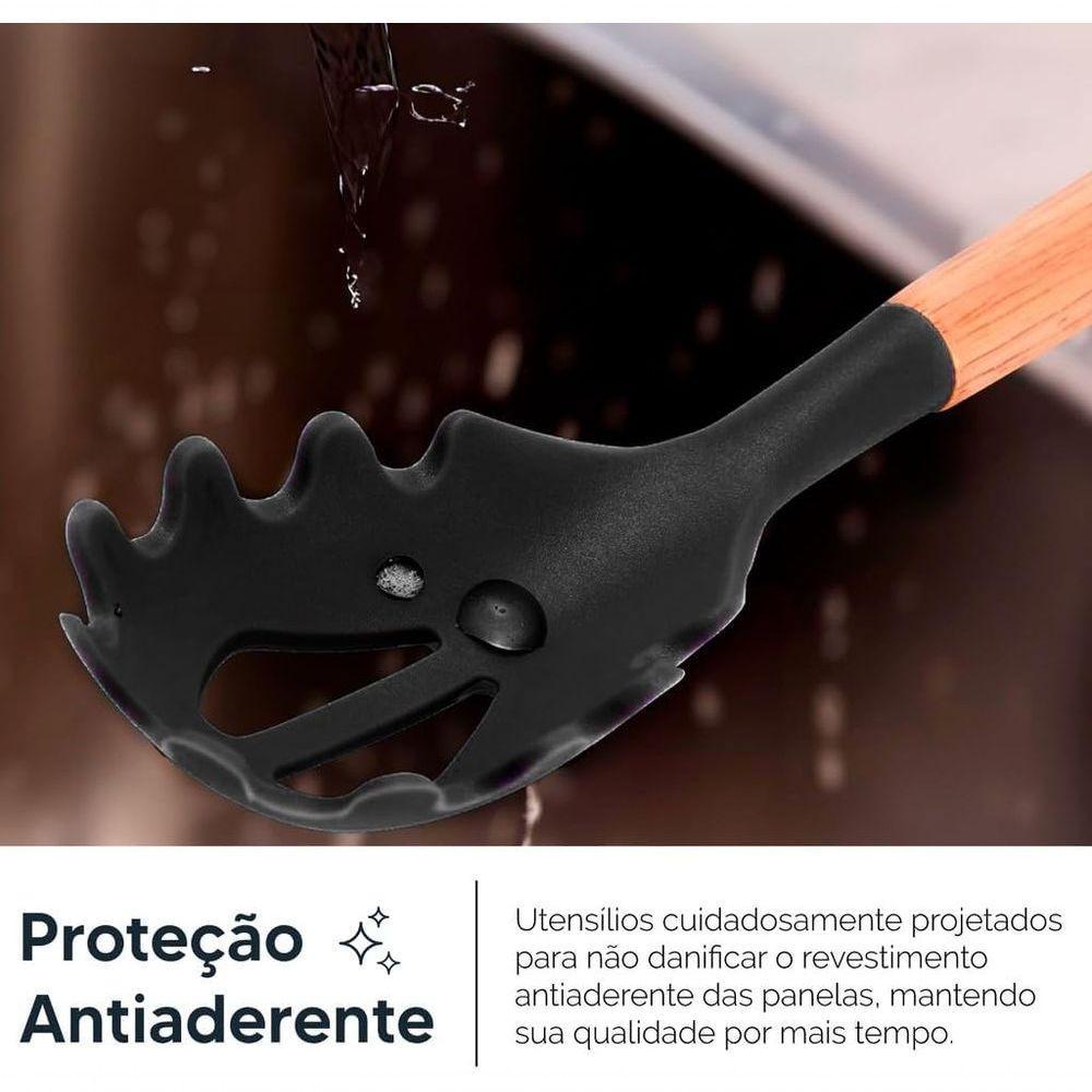 Conjunto 12 Peças Utensílios De Cozinha Em Silicone E Cabo De Madeira Antiaderentes Premium - Preto - 5