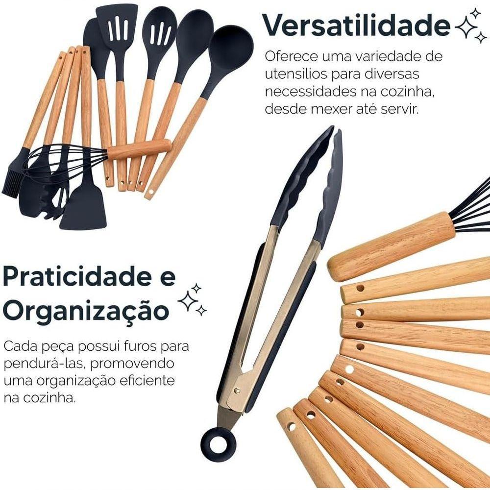 Conjunto 12 Peças Utensílios De Cozinha Em Silicone E Cabo De Madeira Antiaderentes Premium - Preto - 6