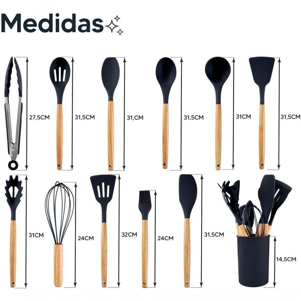 Conjunto 12 Peças Utensílios De Cozinha Em Silicone E Cabo De Madeira Antiaderentes Premium - Preto - 8