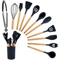 Conjunto 12 Peças Utensílios De Cozinha Em Silicone E Cabo De Madeira Antiaderentes Premium - Preto - 1