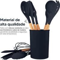 Conjunto 12 Peças Utensílios De Cozinha Em Silicone E Cabo De Madeira Antiaderentes Premium - Preto