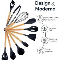 Conjunto 12 Peças Utensílios De Cozinha Em Silicone E Cabo De Madeira Antiaderentes Premium - Preto - 9