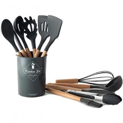 Kit C-12 Utensílios De Cozinha Silicone Cabo Madeira Suporte - Preto