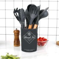 Kit C-12 Utensílios De Cozinha Silicone Cabo Madeira Suporte - Preto - 2