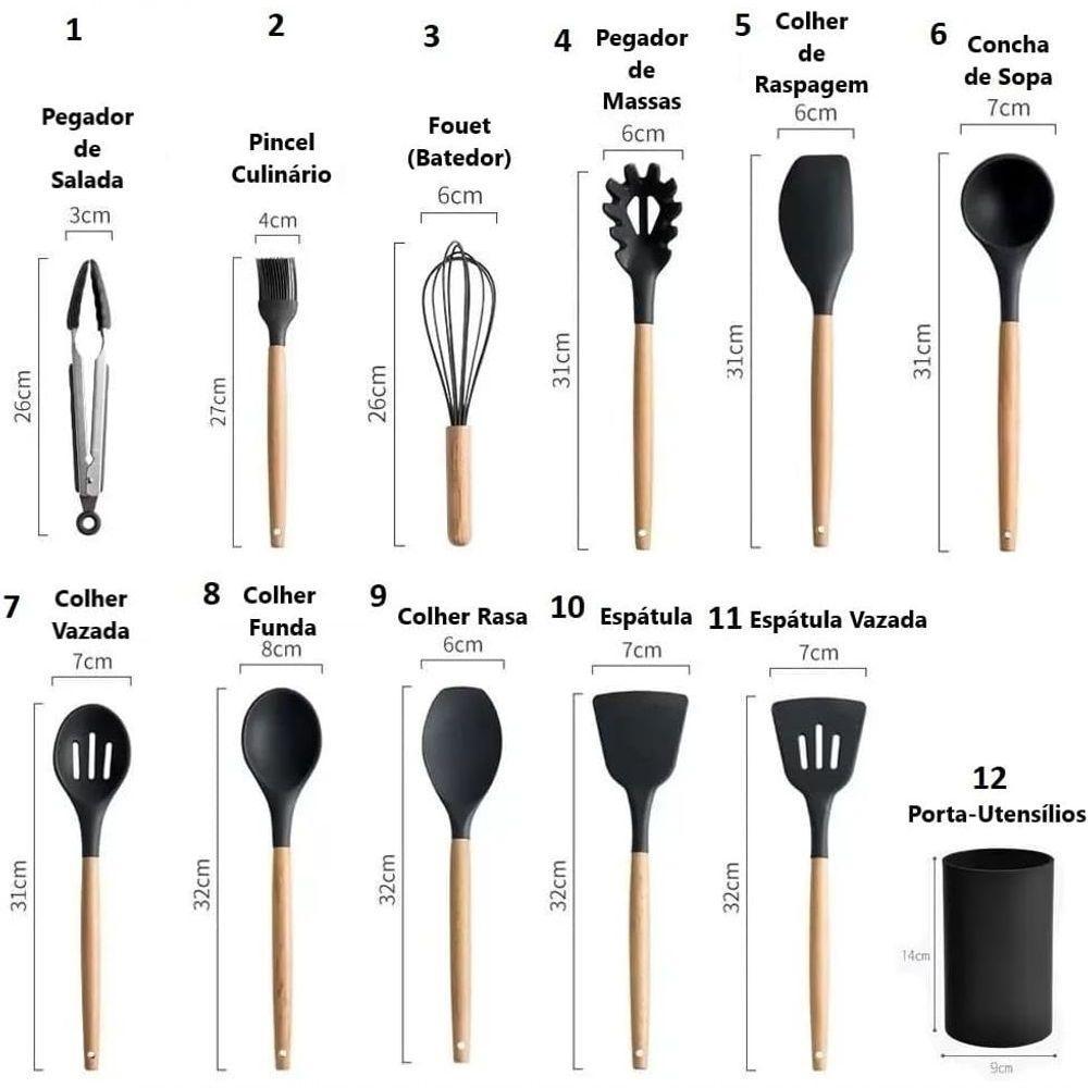 Kit C- 12 Utensilios De Cozinha Peças De Silicone Cabo De Madeira Cores Variadas - 3
