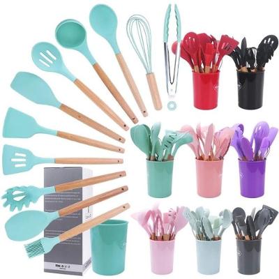 Kit C- 12 Utensilios De Cozinha Peças De Silicone Cabo De Madeira Cores Variadas