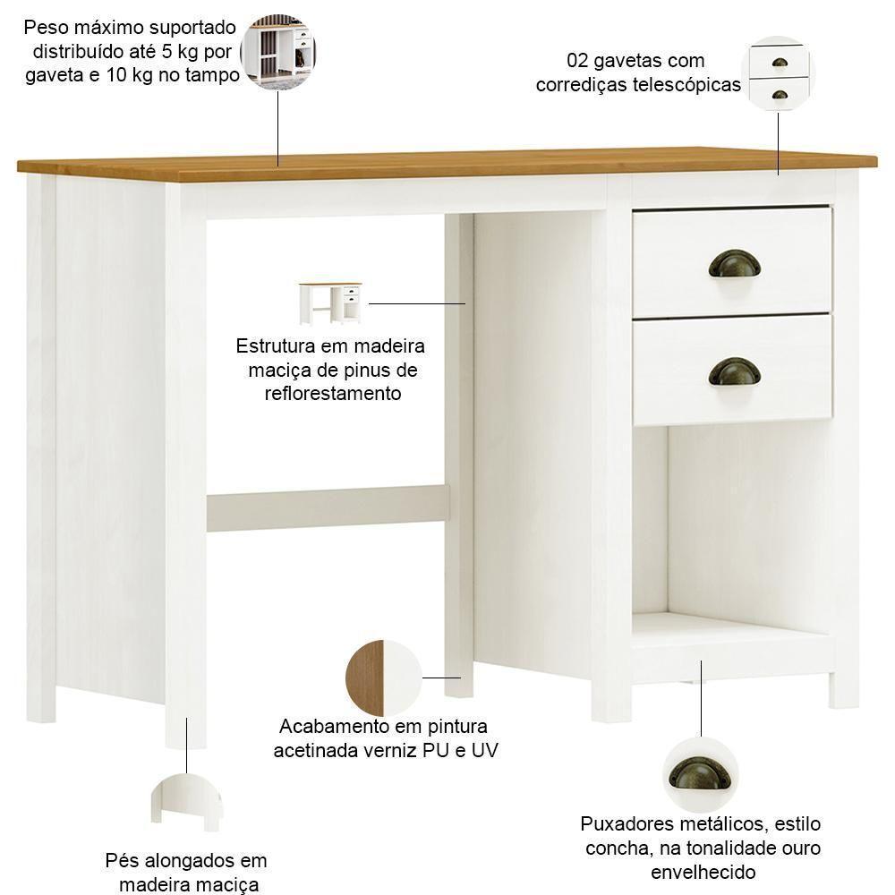 Mesa Para Escritório Escrivaninha Home Office 2 Gavetas Mazzaro F06 Branco Freijó - Lyam Decor - 3