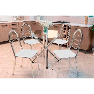 Kit 4 Cadeiras Sala Jantar Volga C- Tampo De Vidro 95cm E 4 Cadeiras Holanda Cromada - Courano Branco - Kappesberg