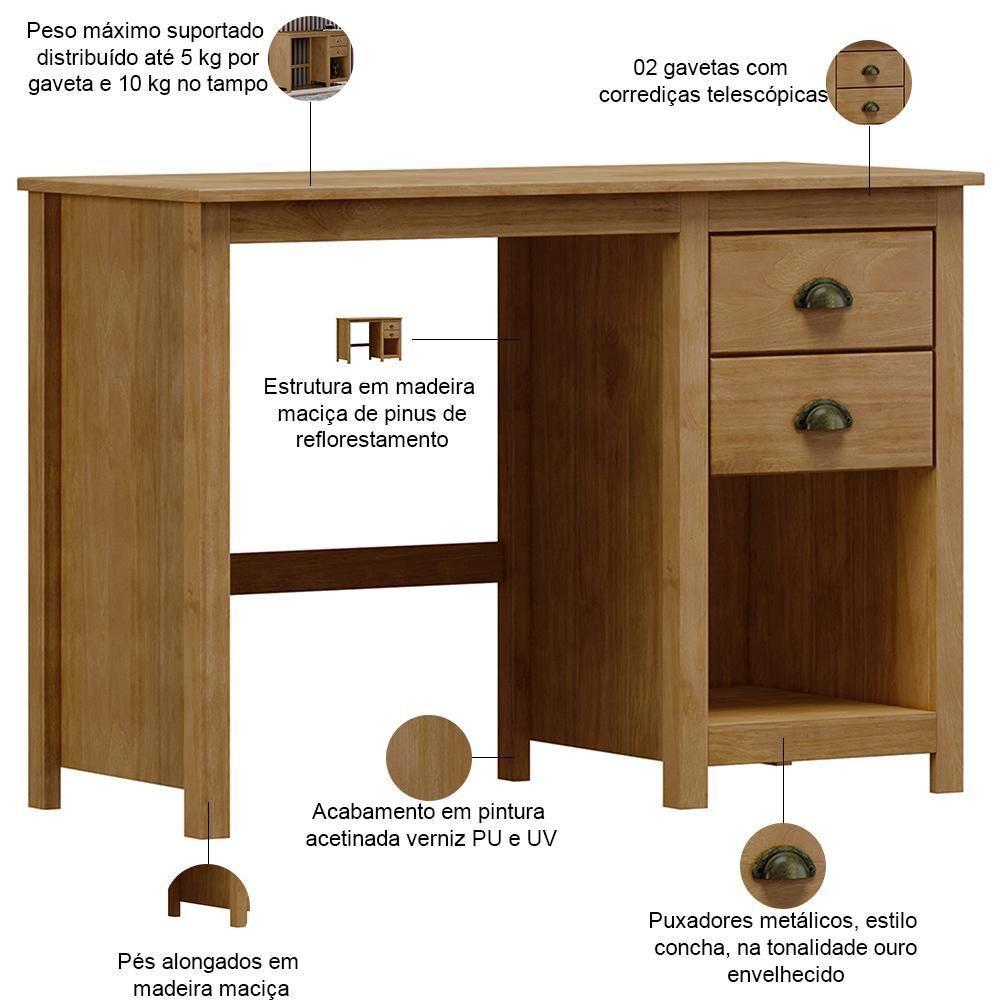 Mesa Para Escritório Escrivaninha Home Office 2 Gavetas Mazzaro F06 Freijó - Lyam Decor - 3