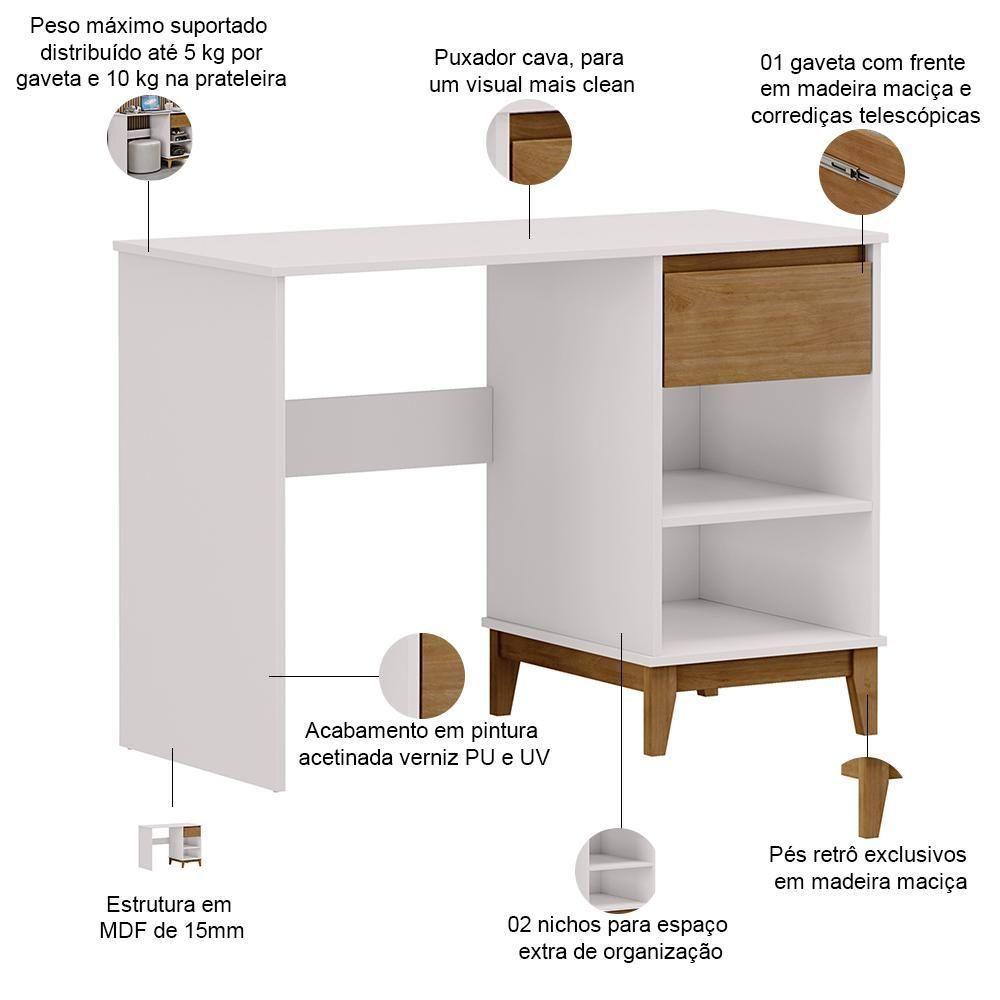 Mesa Para Escritório Escrivaninha Home Office 1 Gaveta Cintra F06 Off White Freijó - Lyam Decor - 3