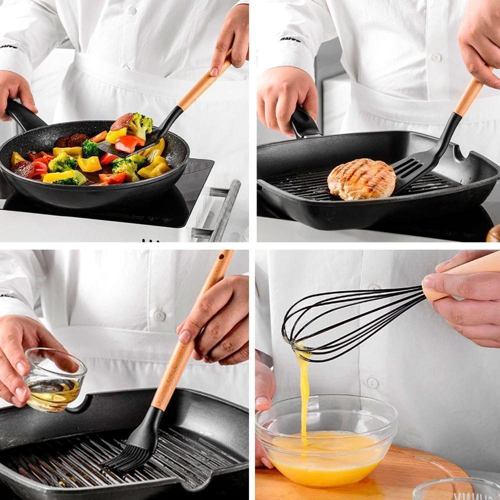 Kit 12 Utensílios De Cozinha Em Silicone C- Cabo De Madeira Resistente E Antiaderente - Preto - 2