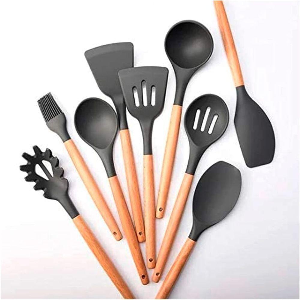 Kit 12 Utensílios De Cozinha Em Silicone C- Cabo De Madeira Resistente E Antiaderente - Preto - 3