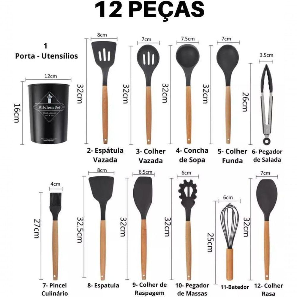 Kit 12 Utensílios De Cozinha Em Silicone C- Cabo De Madeira Resistente E Antiaderente - Preto - 4