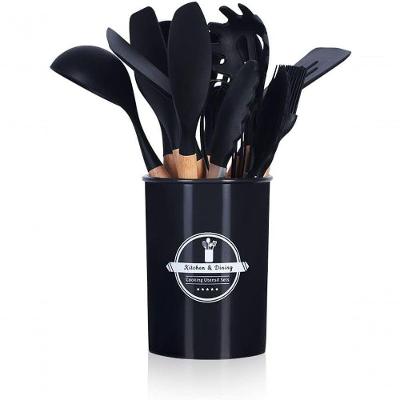 Kit 12 Utensílios De Cozinha Em Silicone C- Cabo De Madeira Resistente E Antiaderente - Preto
