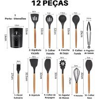 Kit 12 Utensílios De Cozinha Em Silicone C- Cabo De Madeira Resistente E Antiaderente - Preto