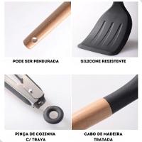 Kit 12 Utensílios De Cozinha Em Silicone C- Cabo De Madeira Resistente E Antiaderente - Preto - 6