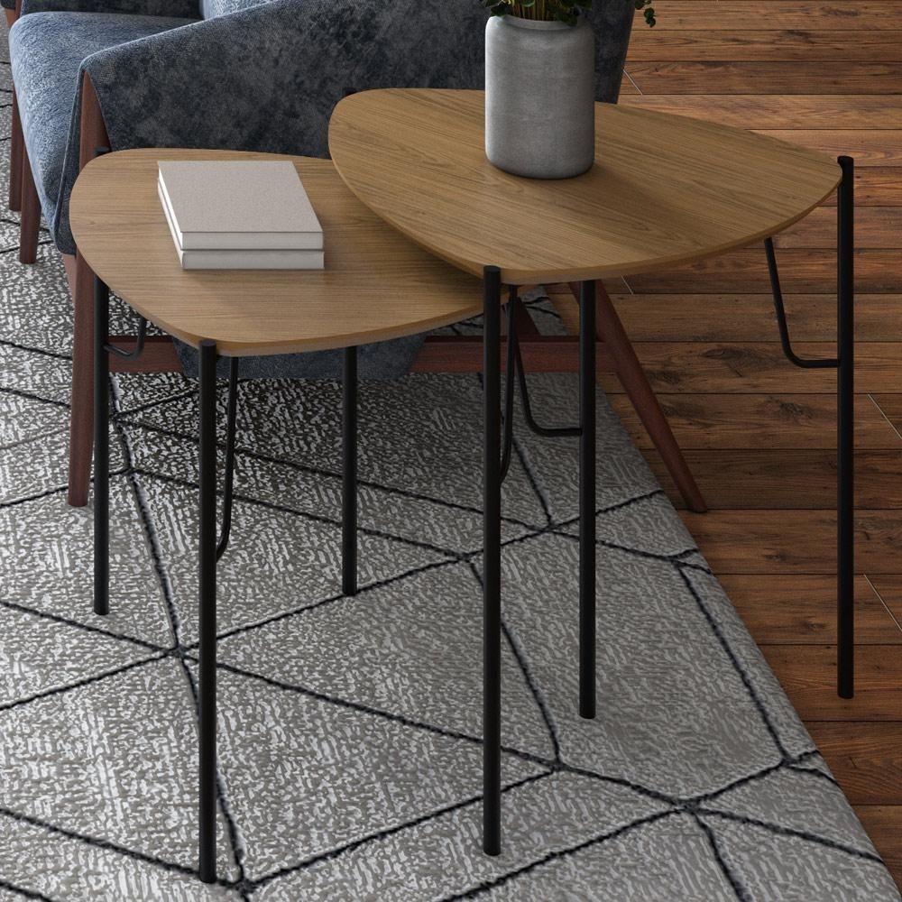 Mesa Lateral Para Sala De Estar Baixa Pés Industrial Preto Alef I03 Louro - Lyam Decor - 2