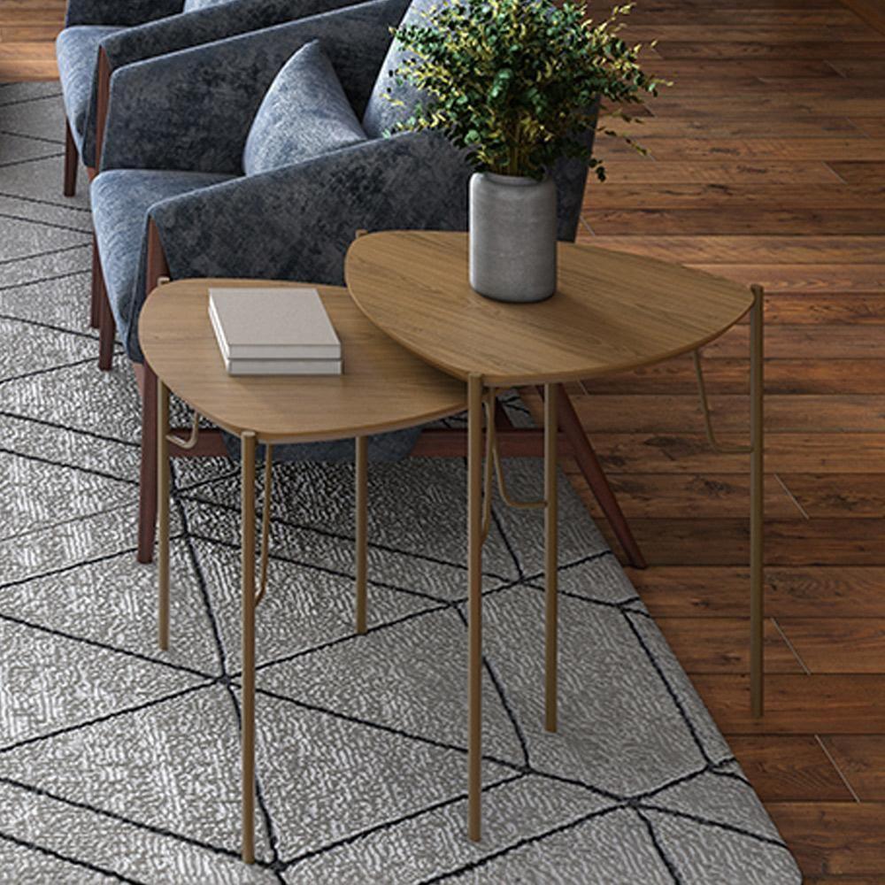 Mesa Lateral Para Sala De Estar Baixa Pés Industrial Dourado Alef I03 Louro - Lyam Decor - 2