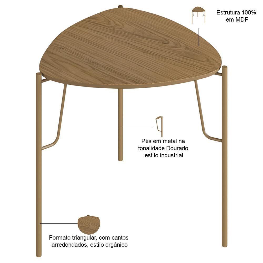 Mesa Lateral Para Sala De Estar Baixa Pés Industrial Dourado Alef I03 Louro - Lyam Decor - 3