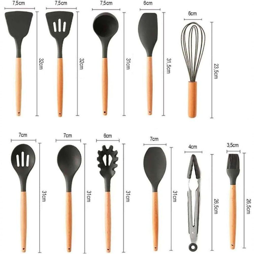 Jogo Kit 12 Utensílios De Cozinha Em Silicone E Cabo De Madeira Resistente Ao Calor - Preto - 2