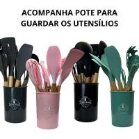Jogo Kit 12 Utensílios De Cozinha Em Silicone E Cabo De Madeira Resistente Ao Calor - Preto - 6